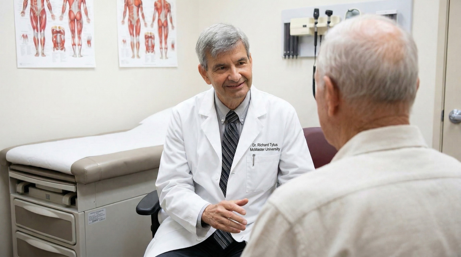 Dr. Richard Tytus in consultation with a patient in an examination room at Hamilton Medical Research Group